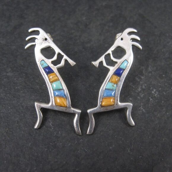 Vintage Southwestern Sterling Kokopelli Inlay Earrings - Picture 1 of 10